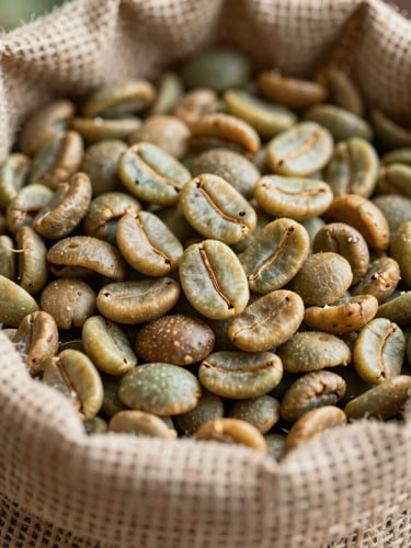 Macro close-up of raw green coffee beans in a stenciled jute export sack, natural high-contrast daylight showing texture and grading markings.
