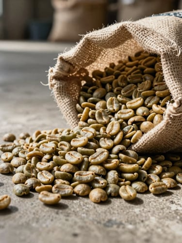 Macro shot of raw, unroasted green coffee beans spilling from a stenciled jute export sack on a concrete warehouse floor, high-contrast morning daylight, industrial agrarian style.