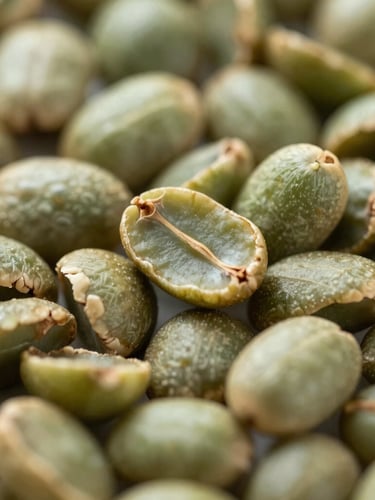 Macro close-up of raw, unroasted green Liberica coffee beans showing their characteristic asymmetrical teardrop shape and pale green hue, natural overcast daylight.