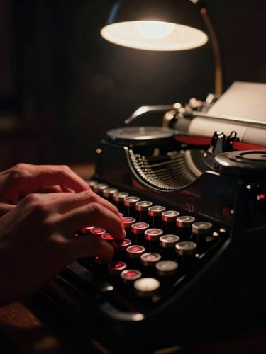 Extreme close-up of hands typing on a vintage typewriter in a dark room, illuminated by a single warm desk lamp, subtle red light accentuating the metal keys, cinematic 35mm.