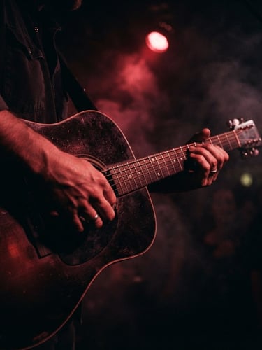 Close-up of hands playing a dark acoustic guitar in a smoke-filled room, low-key chiaroscuro lighting, single red light source casting dramatic shadows, cinematic 35mm film.