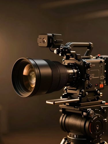 Cinematic wide shot of an anamorphic camera lens on a heavy rig, moody amber backlighting, shallow depth of field, dark obsidian studio background