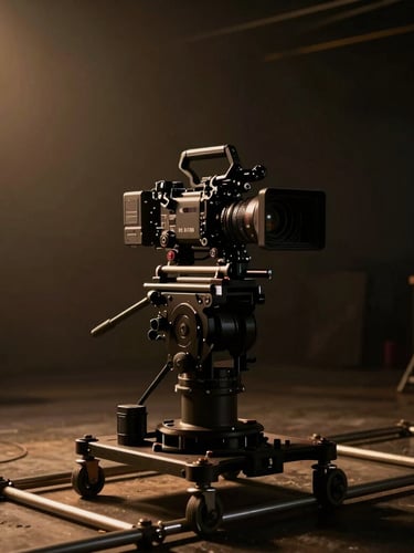 Cinematic wide shot of a high-end RED camera rig on a dolly track inside a dark studio, dramatic low-key backlighting with warm amber highlights, shallow depth of field