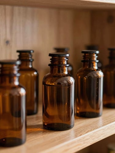 Close-up macro shot of amber glass apothecary jars on a warm wooden shelf, soft natural side-light with gentle shadows, elegant clinical aesthetic.