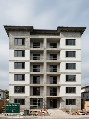 Wide-angle straight-on view of a completed residential building facade in natural overcast daylight — rendered concrete and clean masonry visible, scaffolding removed, site signage in the foreground left, expansive sky overhead