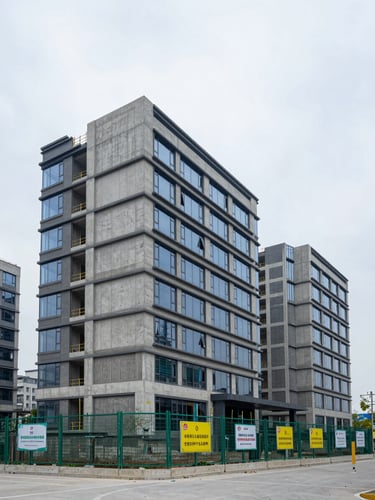 Wide environmental shot of a completed multi-story commercial building exterior under even overcast daylight, construction signage visible on fence, concrete facade and glazing showing material detail, low horizon, generous sky above