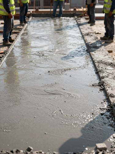 Straight-on close-up of a concrete floor slab being poured on a commercial site, workers in high-visibility vests visible at frame edge, natural morning light raking across the wet concrete surface showing texture and formwork detail