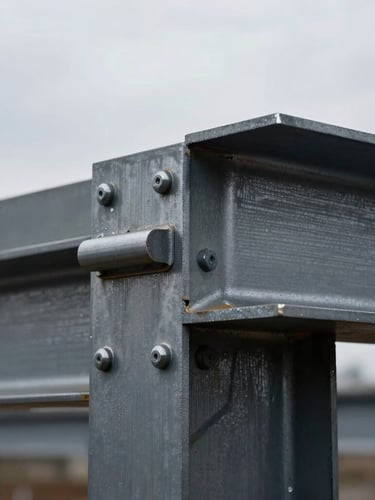 Dramatic close-up of structural steel joins, raw brushed iron plates bolted together, overcast cold daylight highlighting the heavy industrial texture, architectural crop
