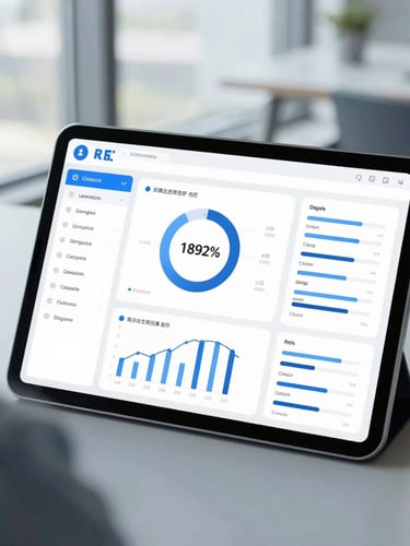 Over-the-shoulder view of a tablet displaying clean data dashboards, modern office setting with bright natural window light, cool blue and slate tones, sharp focus.