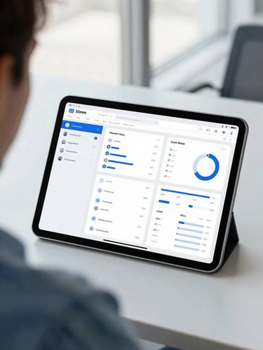Over-the-shoulder view of a tablet displaying clean data dashboards, bright natural office light, cool blue and slate tones, sharp focus, 35mm lens