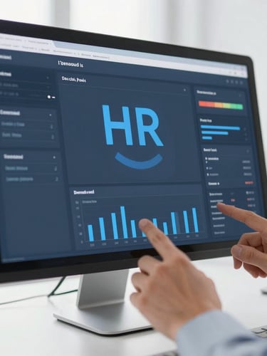 Close-up of hands navigating a clean digital interface on a sleek monitor, displaying interactive HR metrics, bright natural office lighting, cool blue and slate tones.