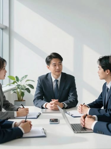 A collaborative executive meeting in a natural, unposed setting, bright natural office light with clean window shadows, 35mm lens.