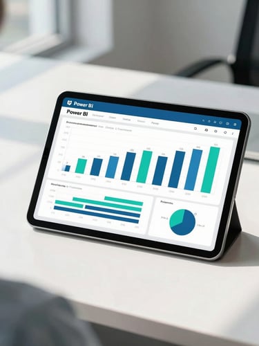 Over-the-shoulder shot of a clean corporate office desk, a tablet displaying a vibrant Power BI dashboard with teal and slate blue bar charts, natural window light casting soft shadows.