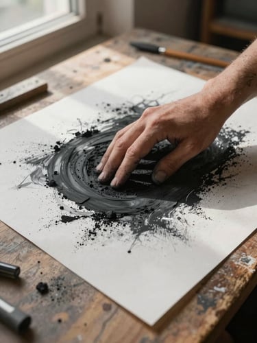 Extreme close-up overhead view of an artist's hands pressing charcoal into heavy paper on a worn wooden studio table, natural north-facing window light raking across the surface, scattered pigment dust and tool marks visible at the edges of the frame