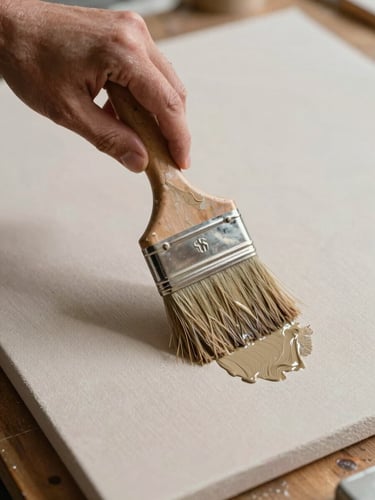 Extreme close-up overhead view of a painter's hand pressing a wide brush into raw canvas on a wooden studio table, north-facing natural light casting soft shadows across the textured surface, earth-toned pigment visible mid-stroke