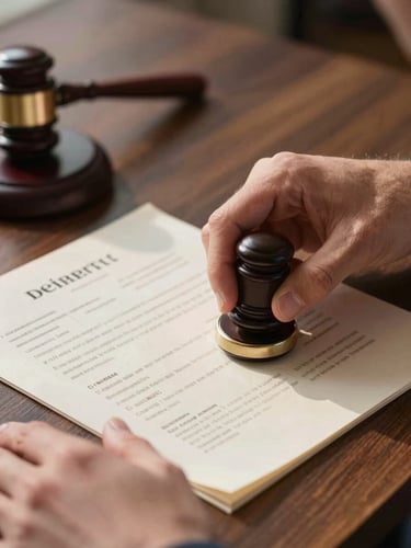 Professional close-up of hands reviewing physical property deeds on a dark wooden desk, warm natural daylight, sharp focus on legal stamps.