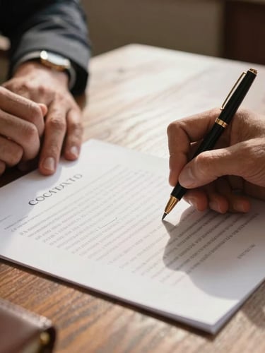 Primer plano de manos firmando un contrato notarial sobre un escritorio de madera noble, luz natural de tarde iluminando el papel y un bolígrafo clásico.