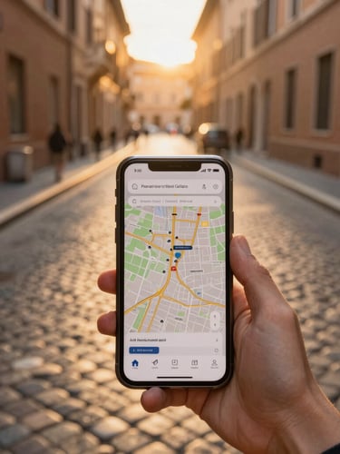 First-person perspective looking down at a smartphone displaying a digital map app, historic Roman cobblestone street and golden-hour sunlight in the background, warm editorial travel photography, 35mm lens.