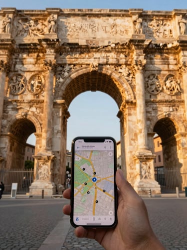 First-person perspective looking down at a smartphone displaying a map against a historic Roman stone archway, warm golden hour sunlight, 35mm lens