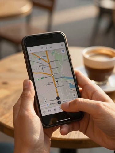 Close-up of hands holding a smartphone displaying transit lines, an outdoor cafe table with a warm espresso cup in the background, golden-hour daylight, soft focus