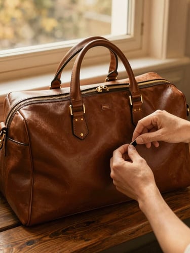 Hands packing a sleek leather weekend bag on a wooden bench, warm golden-hour sunlight streaming through a window, 35mm lens.