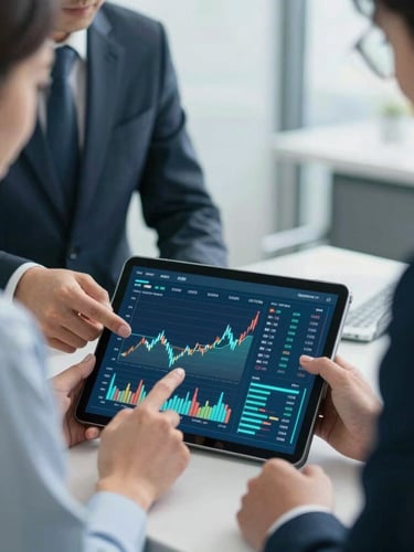 Medium close-up of two financial consultants in modern business attire analyzing real-time cash flow graphs on a tablet screen, natural cool office lighting.