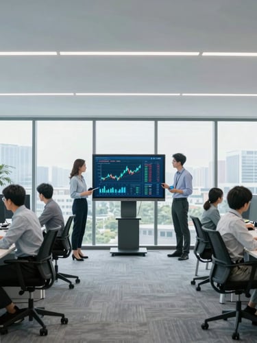 Wide-angle modern office interior with professional team collaborating around a screen showing financial metrics, natural daylight.