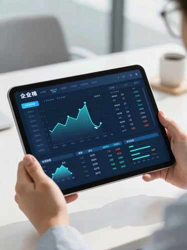 Close-up of a modern digital financial dashboard on a tablet held by a business professional in a bright, sunlit office.