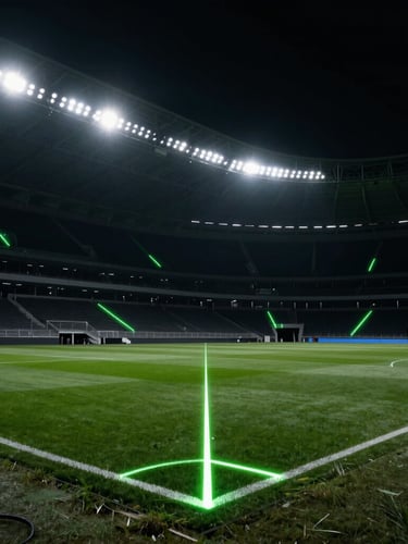 Dramatic stadium architecture under moody high-contrast floodlights, dark atmospheric background pierced by sharp neon green telemetry markings on the pitch, extreme low-angle wide shot, 35mm lens