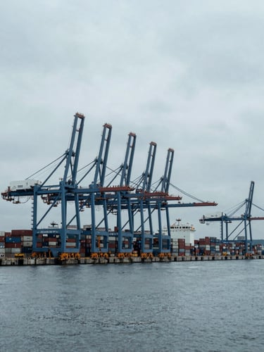 Wide-angle architectural perspective of a massive deep-water cargo port under cool overcast daylight, towering container cranes, desaturated blue and slate gray tones, 35mm.