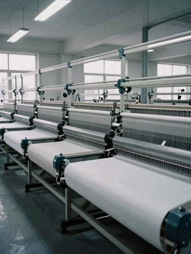 Industrial textile manufacturing facility with automated looms, cool overcast light filtering through high windows, desaturated gray tones, 35mm.