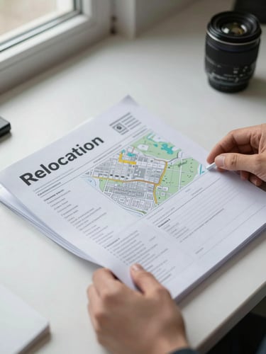 Close-up of hands holding a printed relocation packet on a desk, pages visible with neighborhood maps and data tables, natural window light from the left, clean desk surface, documentary style, no faces visible