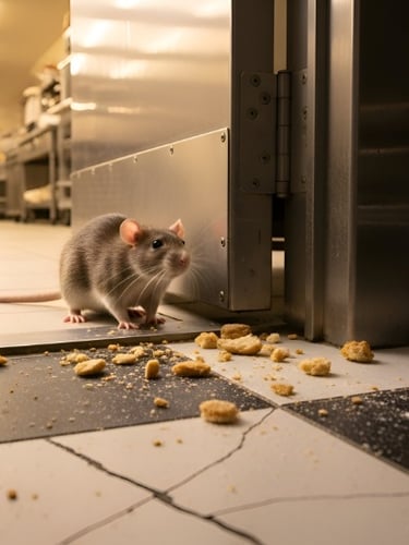 Rat in kitchen feeding on crumbs