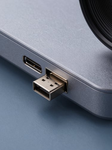 A close-up technical diagram of a high-speed USB port on the side of a modern computer, clean studio lighting, neutral slate blue background
