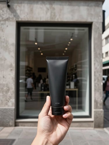 Eye-level POV framing of a hand holding a product against a São Paulo storefront window, flat harsh afternoon daylight, ungraded monochrome tones, concrete wall texture visible in the background, pedestrian foot traffic blurred in the far edge