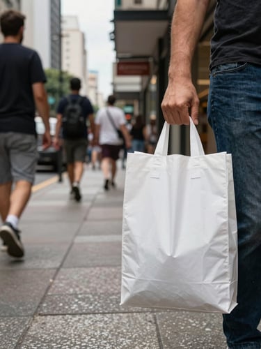 Eye-level POV walking shot on a busy São Paulo sidewalk, pedestrian foot traffic and storefront windows in the background, a product bag held in hand at chest height occupying the right third of the frame, flat afternoon daylight, high contrast, ungraded