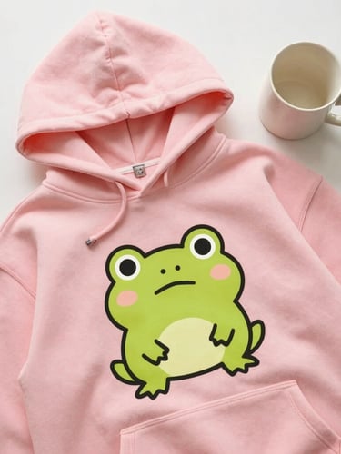A cozy flat-lay of a pastel pink hoodie printed with a cute anxious frog doodle, next to a ceramic mug, bathed in soft overcast daylight.