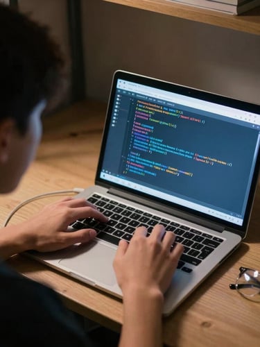 Over-the-shoulder shot of a student coding on a laptop in a dimly lit dorm room, electric blue screen glow reflecting on hands, sharp shadows, high-contrast, candid.