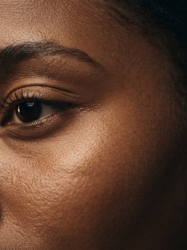 Macro editorial cosmetics photography of clean, healthy skin texture under soft directional studio lighting, warm gold tones, shallow depth of field, 35mm.