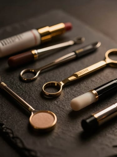 Elegant clinical tools on a dark stone surface, shallow depth of field, warm directional lighting