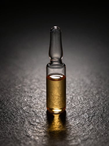 An elegant clinical glass vial containing golden plasma fluid, resting on a dark stone surface under dramatic studio spotlight.