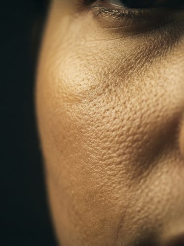 Extreme close-up of clean skin texture with soft directional studio lighting, warm gold and deep charcoal tones, macro lens, 35mm