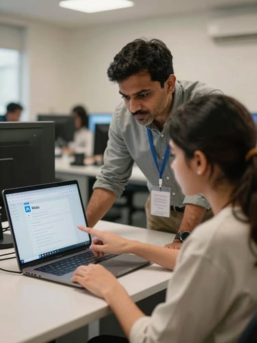 An over-the-shoulder shot of an Indian mentor guiding a female student in a modern computer lab in Ranchi, pointing at a laptop screen showing Meta Ads Manager, warm lighting.