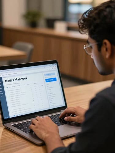 Over-the-shoulder shot of a young Indian marketer analyzing a Meta Ads Manager dashboard on a laptop, warm indoor lighting, Lalpur center vibe.
