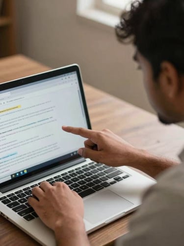 Over-the-shoulder shot of an Indian student in Ranchi writing prompts on a laptop screen, mentor pointing to the interface