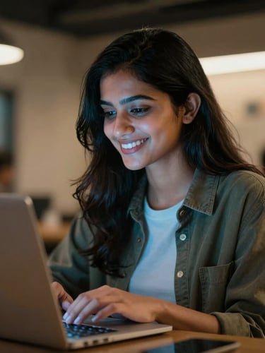 Medium close-up of a young Indian woman smiling while working on a laptop in a modern, neon-lit Ranchi co-working space, cool blue screen glow on her face, warm ambient background.