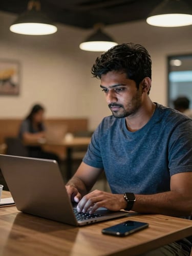 An Indian freelancer working on a laptop in a modern co-working space in Ranchi, cool blue screen glow, warm ambient indoor lighting, focused expression.