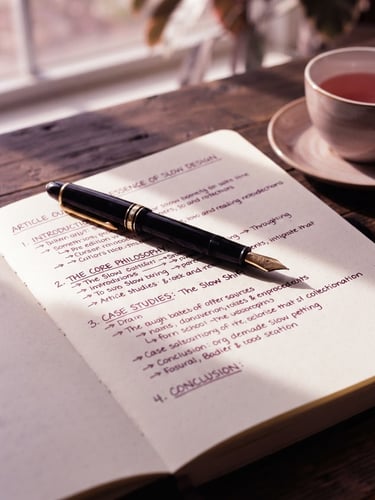 A close-up of a fountain pen resting on a heavy-stock open notebook with structured handwritten editorial outlines, soft morning window light, deep plum shadows, shallow depth of field, 35mm