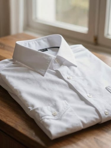 Primer plano de una camisa clergyman doblada sobre madera noble, destacando el cuello romano blanco y la textura de algodón premium, luz natural de ventana.