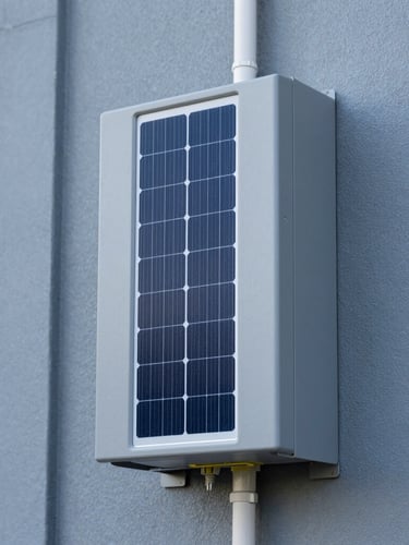 Close-up technical photograph of clean electrical conduit work and a premium solar inverter mounted on an exterior wall, sharp daylight, realistic blue and slate tones, 35mm.